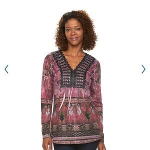 World Unity Burgundy Print Top Black Lace MEDIUM Whimsygoth Dark Fairy Y2K Boho